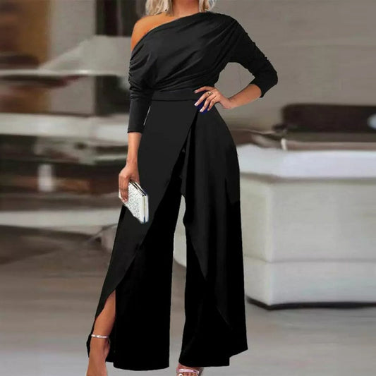 Vivia - One Shoulder Wide Leg Jumpsuit Elegant Fit - Black