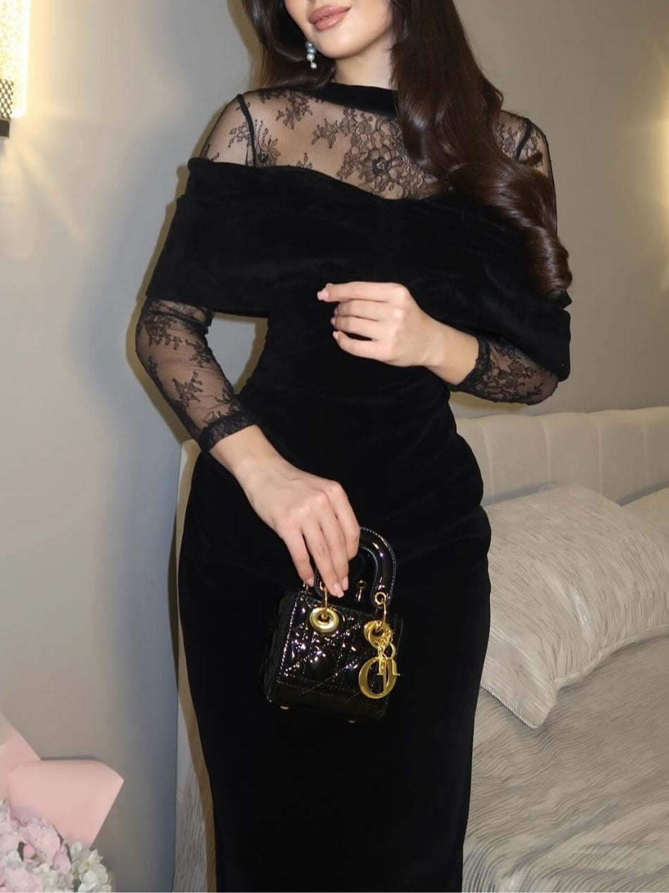 Briony - Off Shoulder Lace Evening Dress - Black