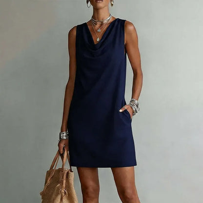 Haven - Elegant Pocket Mini Dress - Navy Blue