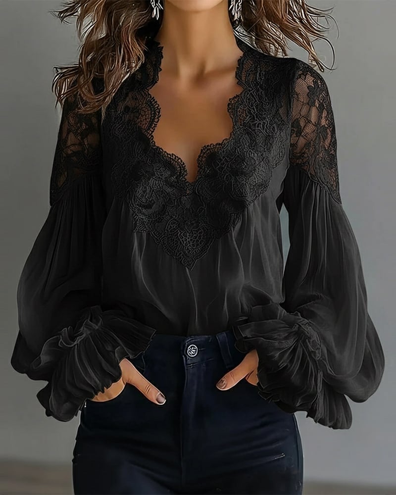 Celinrae - V-Neck Lace Long Sleeve Blouse - White