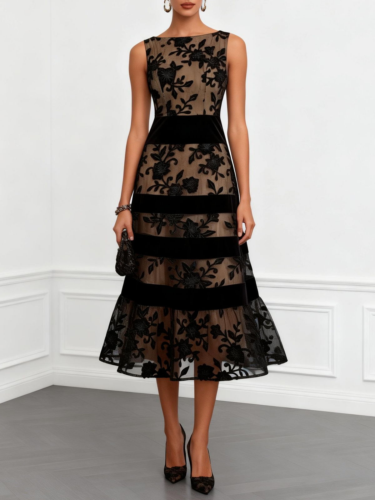 Coraline - Floral Mesh Midi Dress - Black
