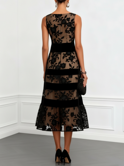 Coraline - Floral Mesh Midi Dress - Black