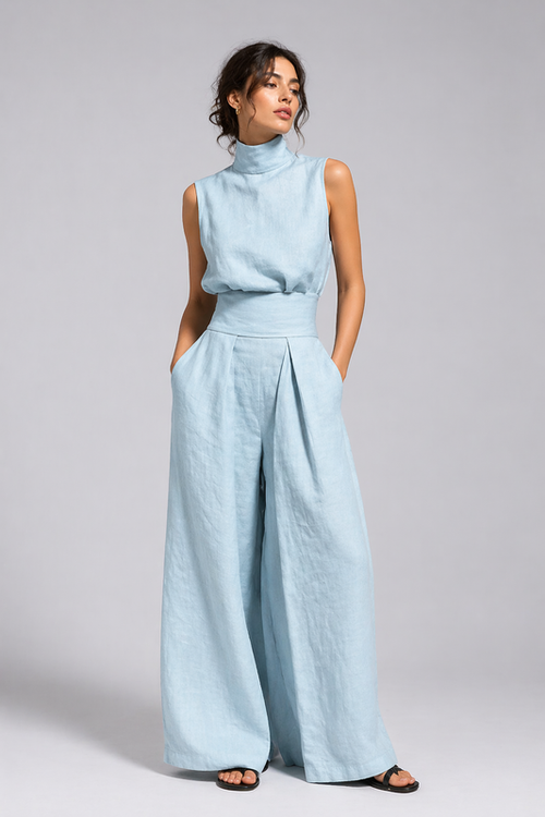 Goldie - Lightweight Linen Two-Piece Set - Light Blue