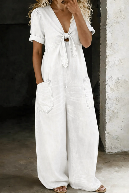 Faelina - Tie Front Denim Wide Leg Jumpsuit - Light Blue
