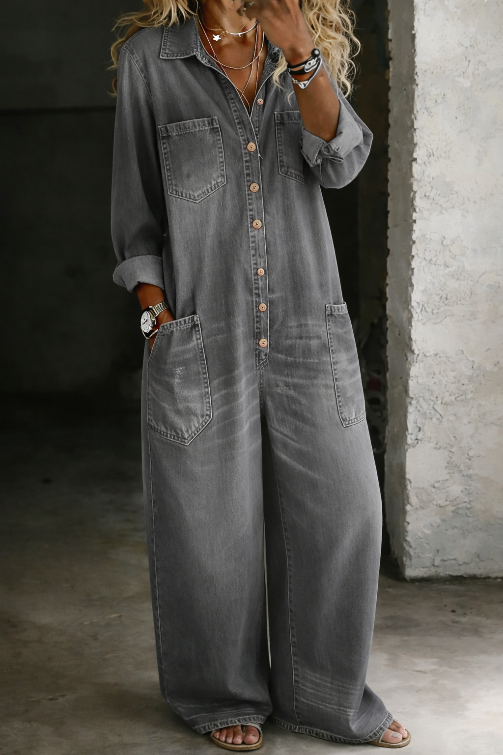 Thalassa - Casual Denim Jumpsuit - Blue
