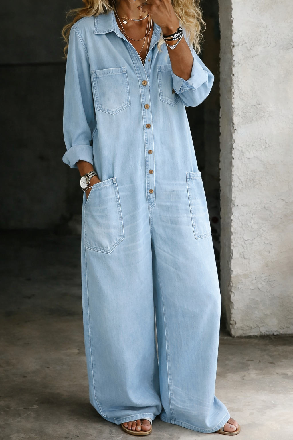 Thalassa - Casual Denim Jumpsuit - Blue