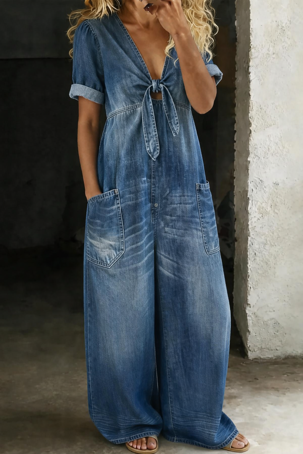 Faelina - Tie Front Denim Wide Leg Jumpsuit - Blue