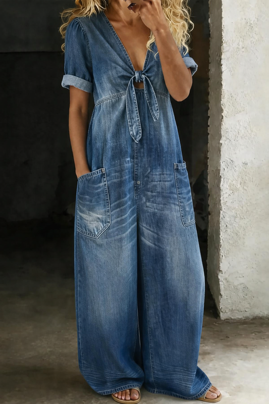 Faelina - Tie Front Denim Wide Leg Jumpsuit - Blue