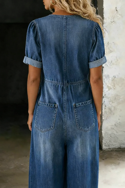 Faelina - Tie Front Denim Wide Leg Jumpsuit - Blue