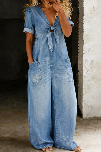 Faelina - Tie Front Denim Wide Leg Jumpsuit - Blue