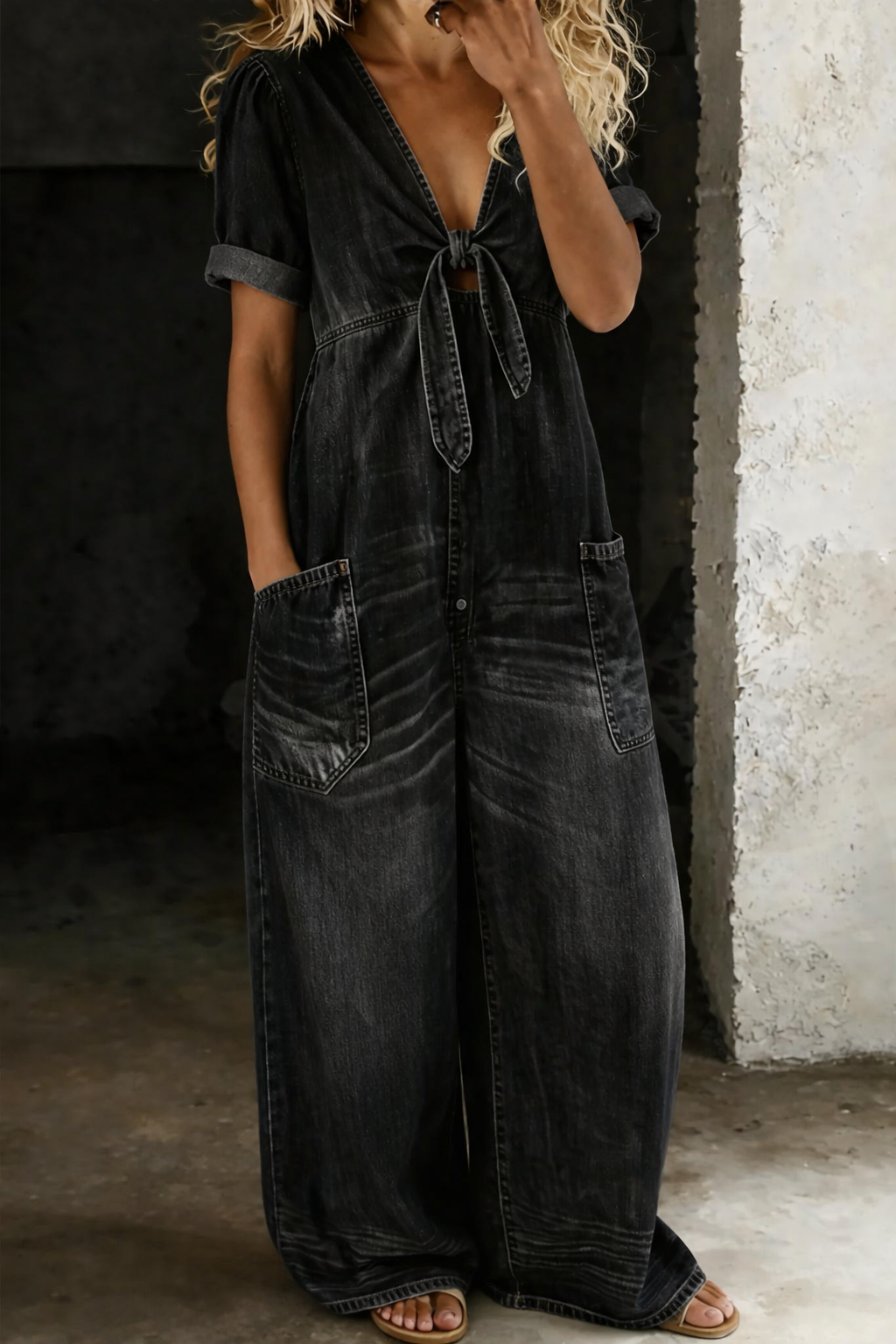 Faelina - Tie Front Denim Wide Leg Jumpsuit - Blue