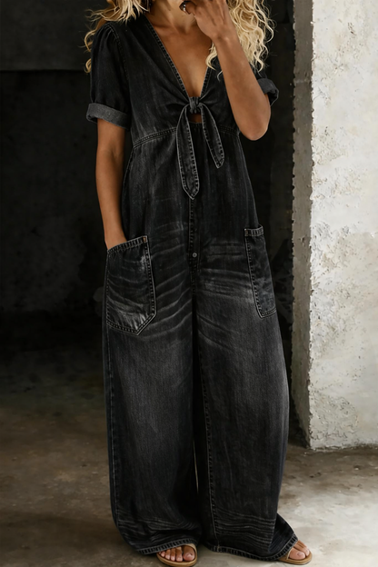 Faelina - Tie Front Denim Wide Leg Jumpsuit - Blue