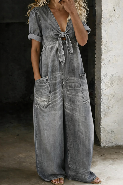 Faelina - Tie Front Denim Wide Leg Jumpsuit - Blue