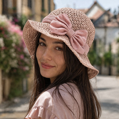 Coralie - Handcrafted Bow Sun Hat - Khaki + Beige
