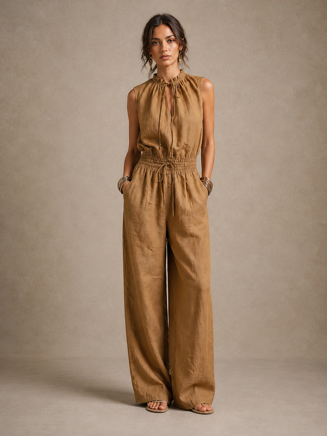 Jade - Soft-Touch Wide-Leg Jumpsuit - Khaki