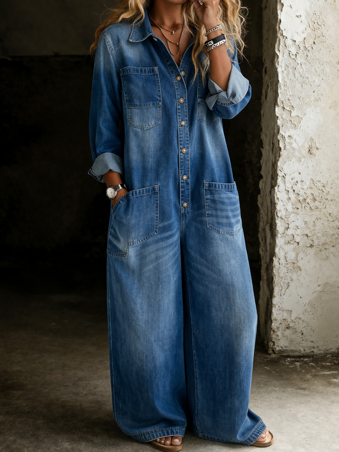 Thalassa - Casual Denim Jumpsuit - Blue