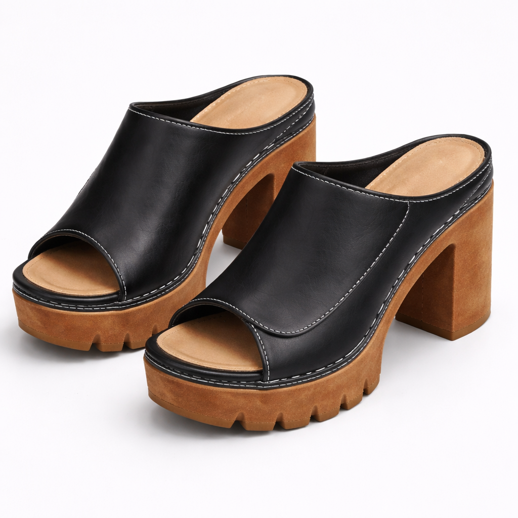 Melisande - Polished Platform Heels - Black Leather