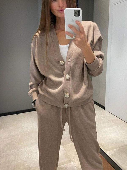 Sorya - Soft-Touch Knit Cardigan & Trousers Set - Khaki