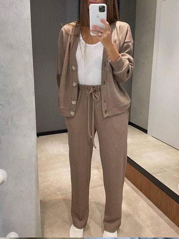 Sorya - Soft-Touch Knit Cardigan & Trousers Set - Khaki