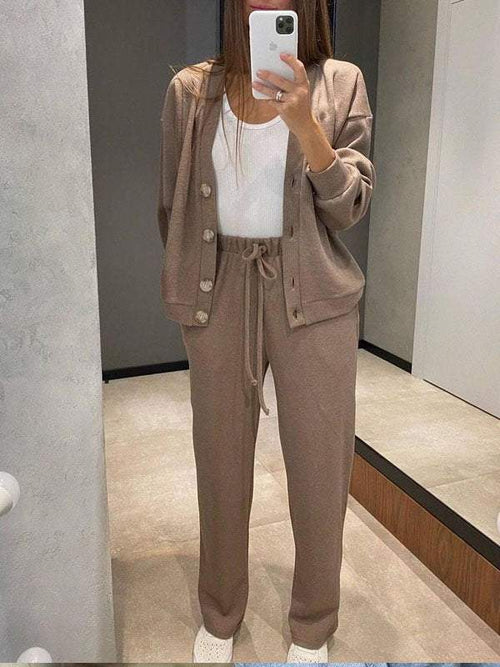 Sorya - Soft-Touch Knit Cardigan & Trousers Set - Khaki