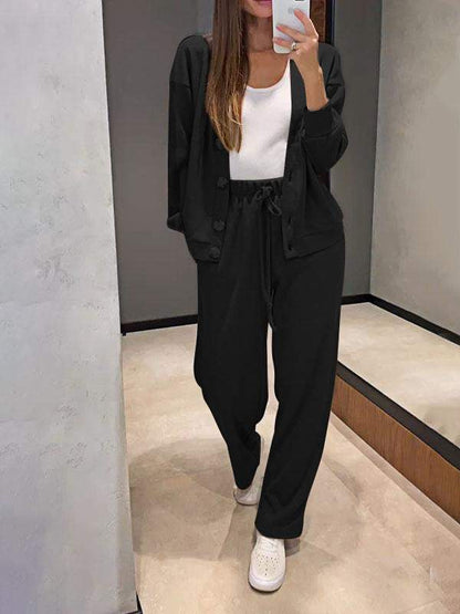 Sorya - Soft-Touch Knit Cardigan & Trousers Set - Khaki