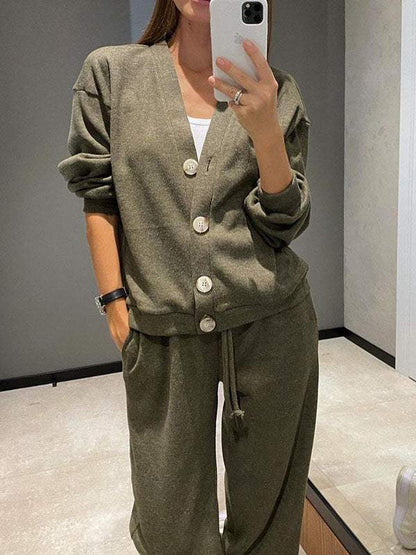 Sorya - Soft-Touch Knit Cardigan & Trousers Set - Khaki