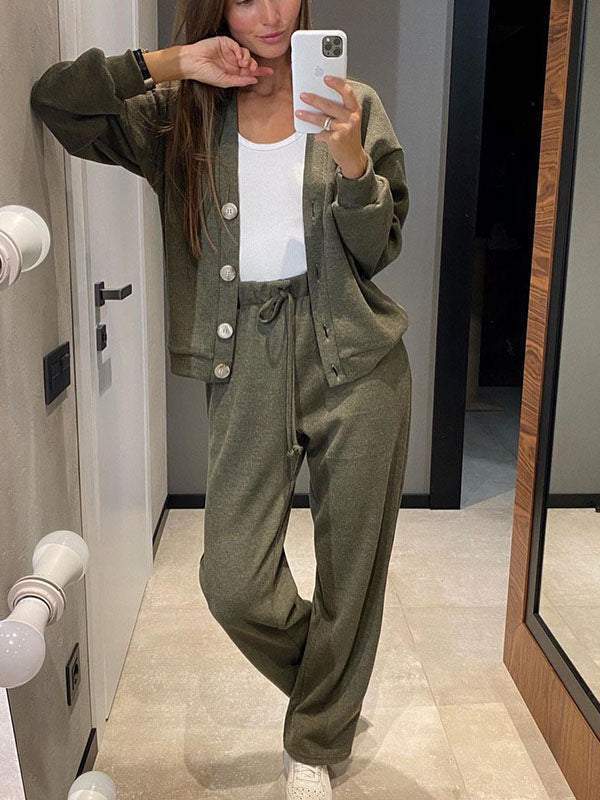 Sorya - Soft-Touch Knit Cardigan & Trousers Set - Khaki