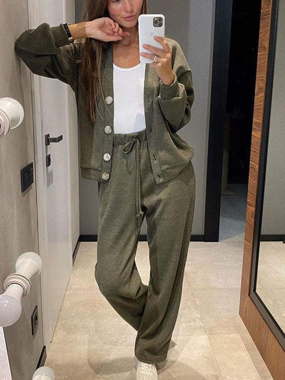Sorya - Soft-Touch Knit Cardigan & Trousers Set - Khaki