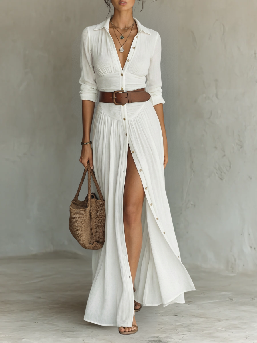 Velina - Flowing Pleated Maxi Dress - White