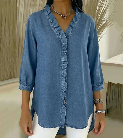 Aelyssa - Soft-Touch Ruffle V-Neck Blouse - Dark Blue