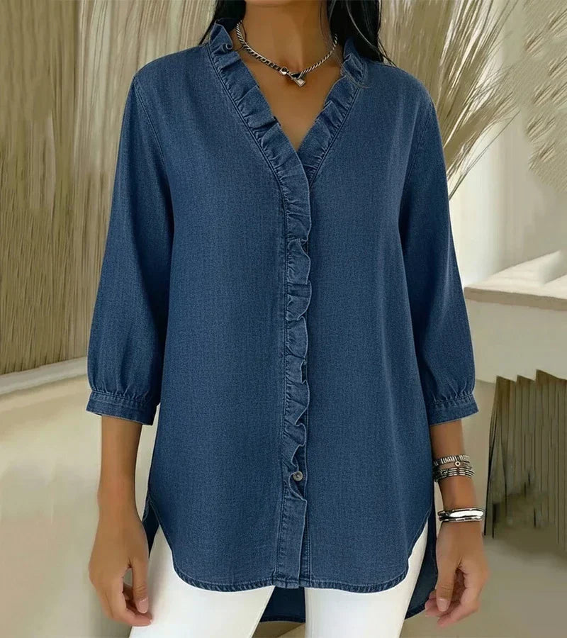 Aelyssa - Soft-Touch Ruffle V-Neck Blouse - Dark Blue