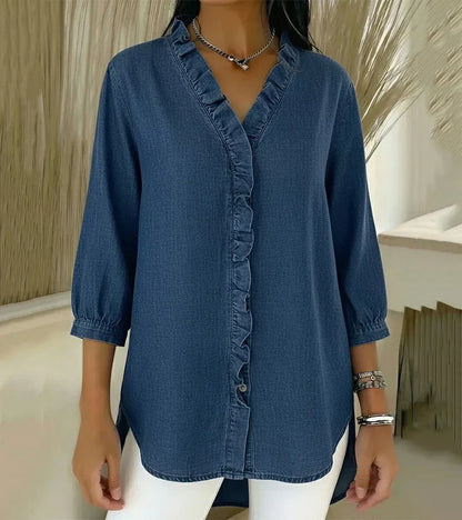 Aelyssa - Soft-Touch Ruffle V-Neck Blouse - Dark Blue