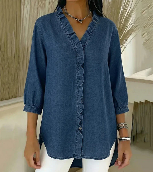 Aelyssa - Soft-Touch Ruffle V-Neck Blouse - Dark Blue