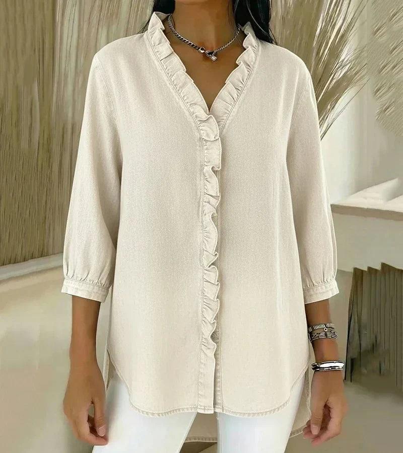 Aelyssa - Soft-Touch Ruffle V-Neck Blouse - Dark Blue