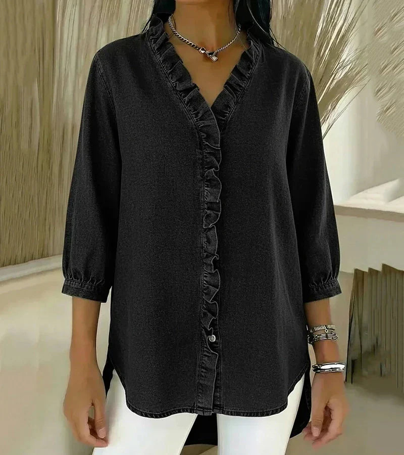 Aelyssa - Soft-Touch Ruffle V-Neck Blouse - Dark Blue