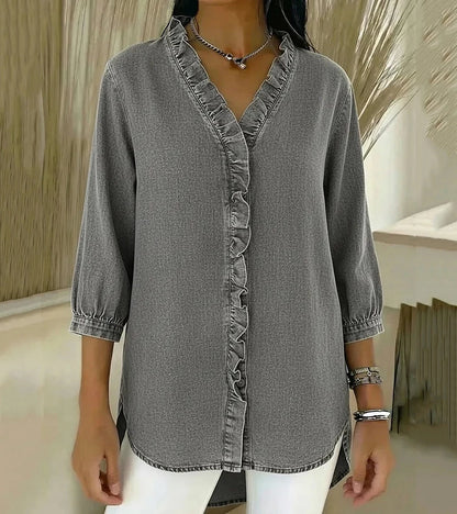 Aelyssa - Soft-Touch Ruffle V-Neck Blouse - Black