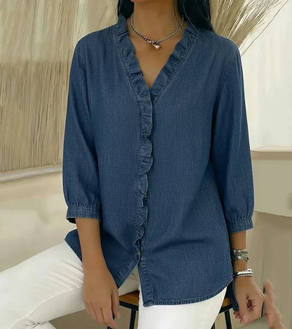 Aelyssa - Soft-Touch Ruffle V-Neck Blouse - Black