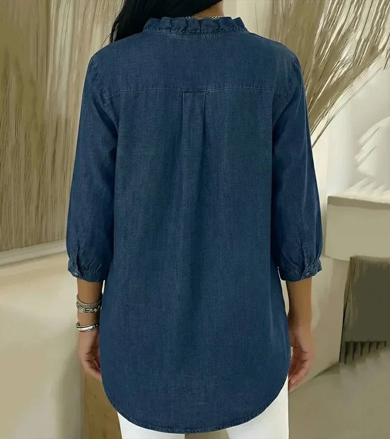 Aelyssa - Soft-Touch Ruffle V-Neck Blouse - Dark Blue