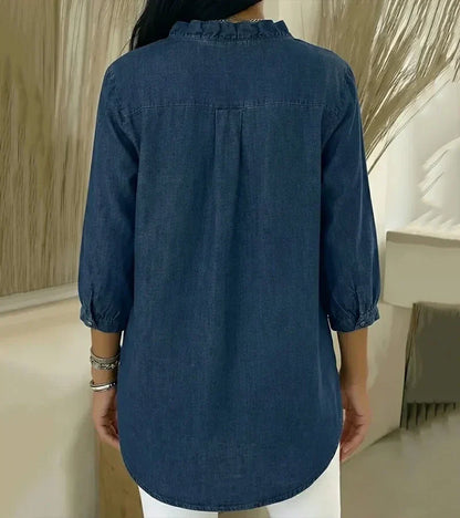 Aelyssa - Soft-Touch Ruffle V-Neck Blouse - Dark Blue