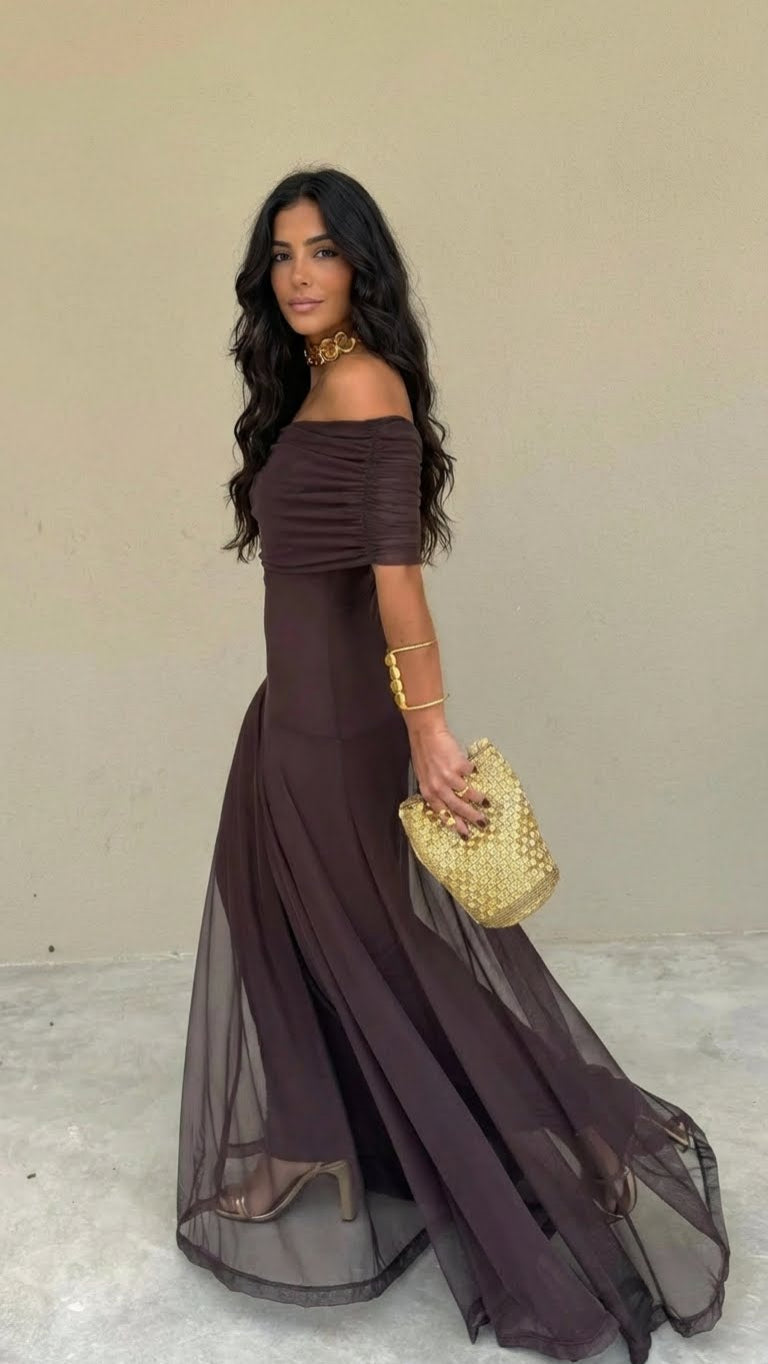 Zailyre - Soft-Touch Off-Shoulder Dress - Brown