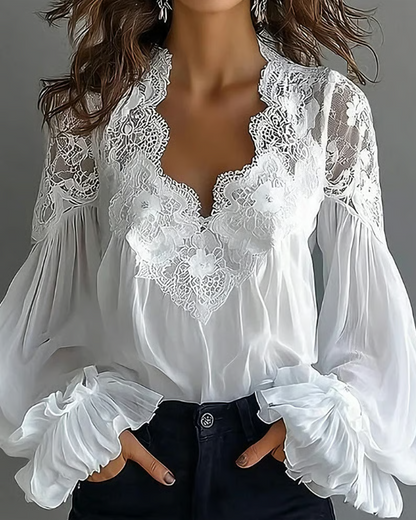 Briseis - Long Sleeve Lace Blouse - White