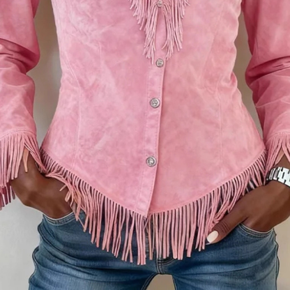 Zanea - Soft-Touch Fringed Button-Up Blouse - Pink