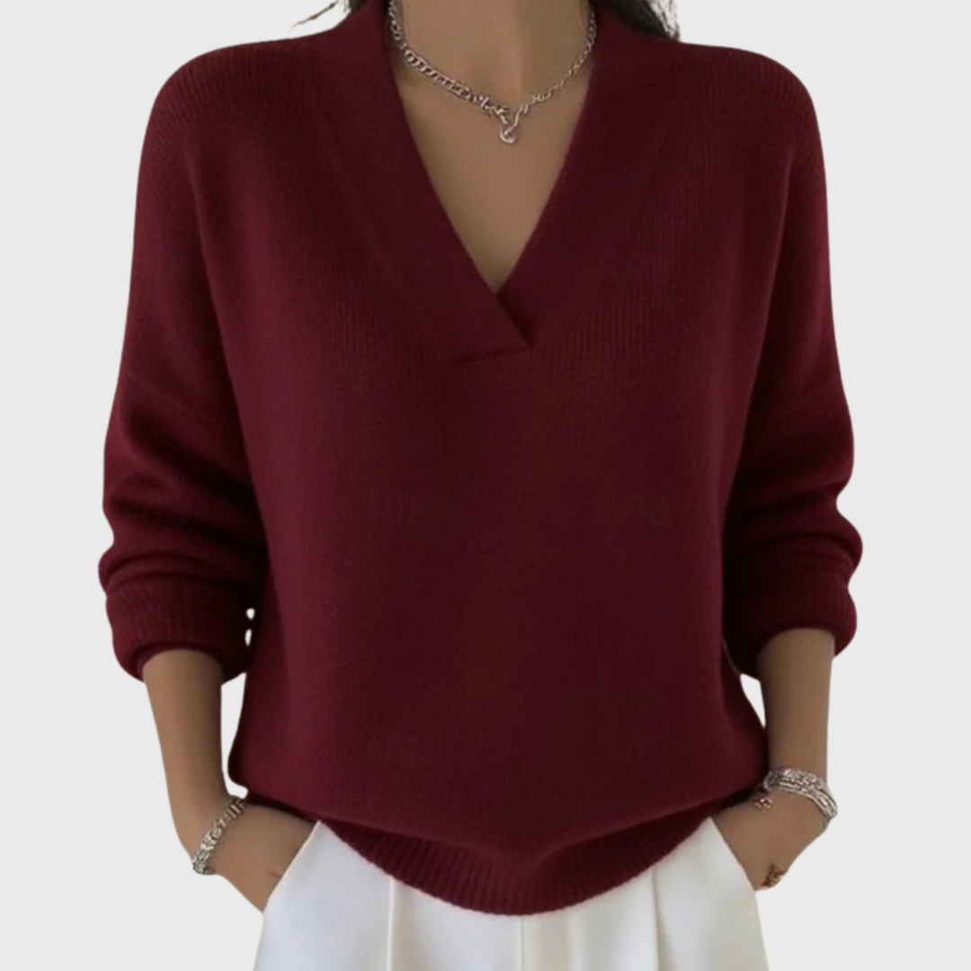 Vona - Soft-Touch V-Neck Knit Sweater - Red
