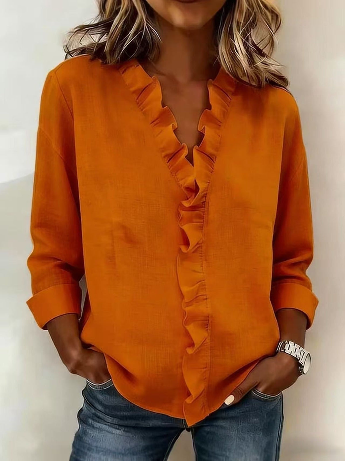 Brinae - Soft-Touch Long-Sleeve Ruffled V-Neck Blouse - Pink