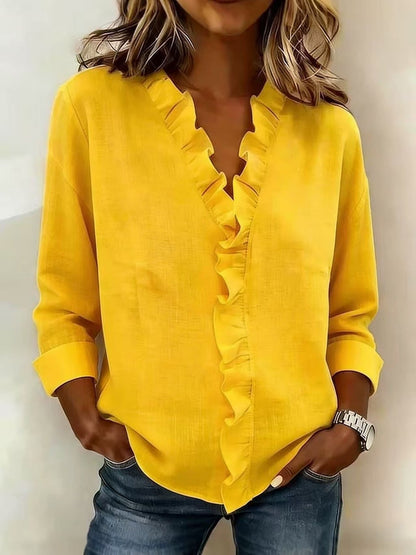 Brinae - Soft-Touch Long-Sleeve Ruffled V-Neck Blouse - White