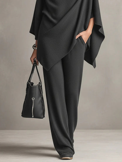 Renai - Soft-Touch Draped Two-Piece Set - Brown