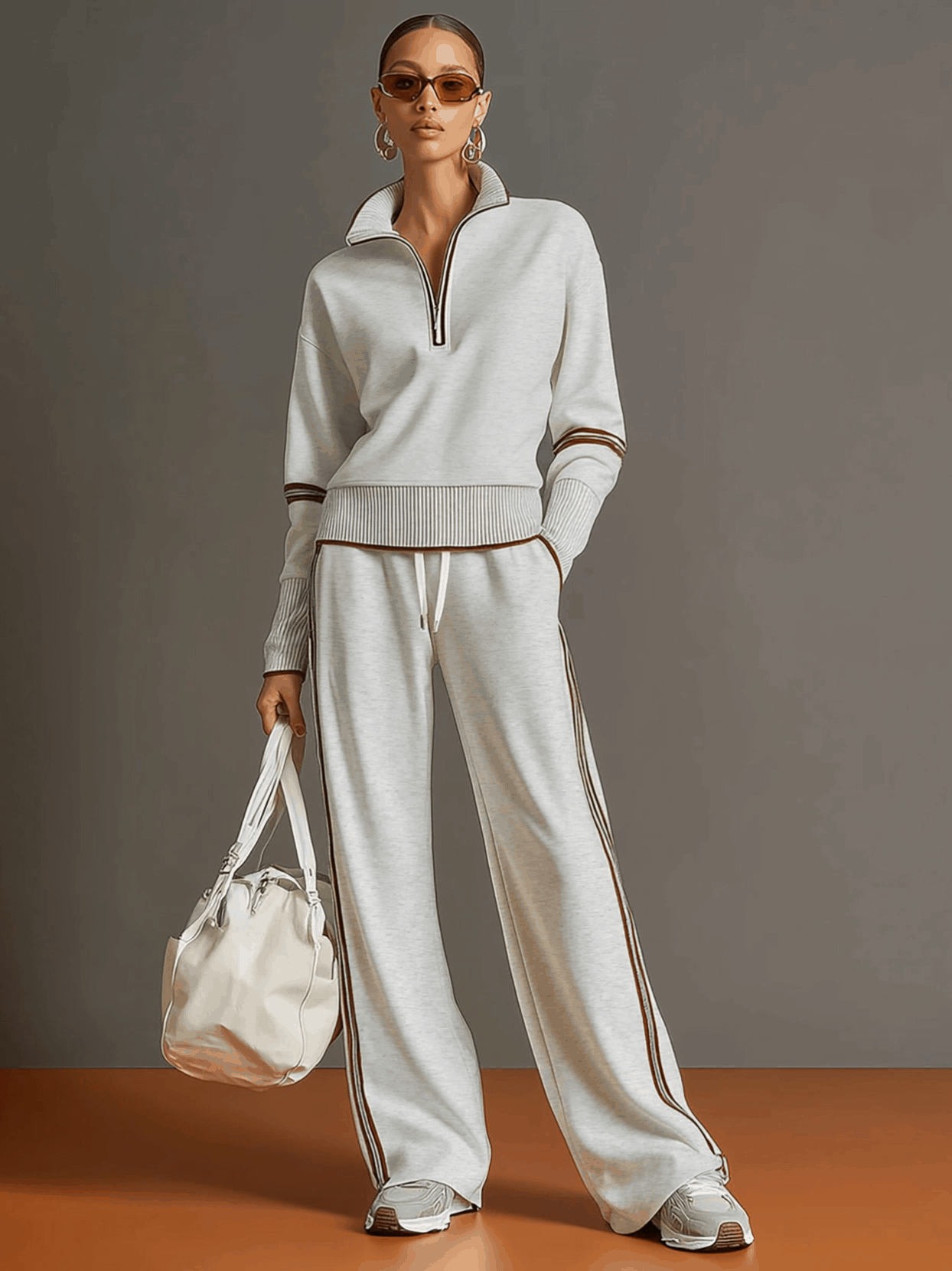 Honora - Soft-Touch Wide-Leg Two-Piece Set - Grey White