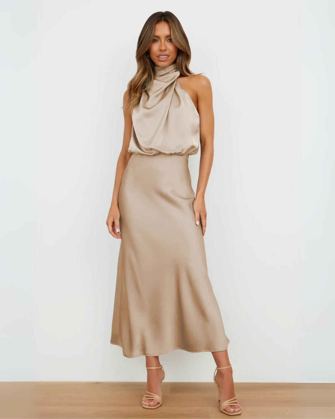 Melira - Regal High-Collar Maxi Dress - Light Brown