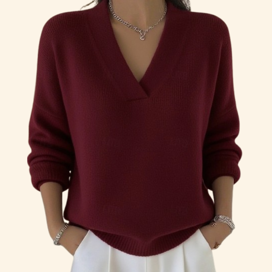 Vona - Soft-Touch V-Neck Knit Sweater - Red