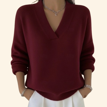 Vona - Soft-Touch V-Neck Knit Sweater - Red